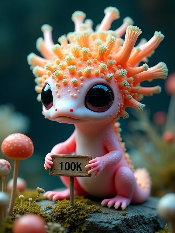 A surreal and striking image of a creature that combines elements of an axolotl and coral reef. The creature is light pink with orange and yellow accents, adorned with mushroom-like features. It has large black eyes and holds a sign that says '100K', all set against a dark, glowing environment filled with fungi.