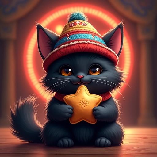 Cute fluffy black cat wearing traditional Tatar tyubeteyka. Cat sitting upright holding golden-brown echpochmak. Background includes Dota 2 logo with glowing emblem and festive Tatar setting. Vibrant whimsical style with soft lighting.
