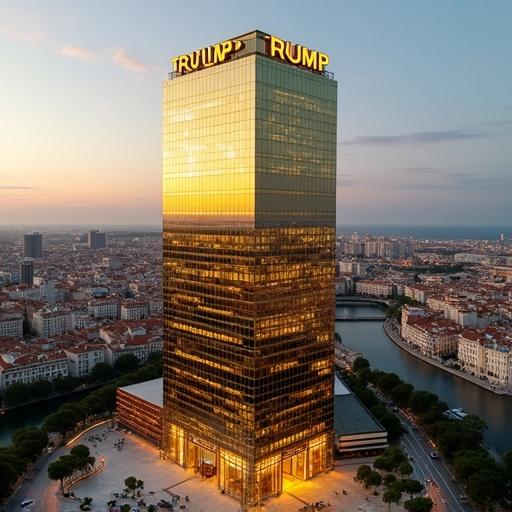 Aerial view of Trump Tower in Lisbon. Tall, shimmering golden glass building. 'TRUMP' letters gleaming above the entrance. Surrounded by urban landscape. Sunset creating warm reflections.