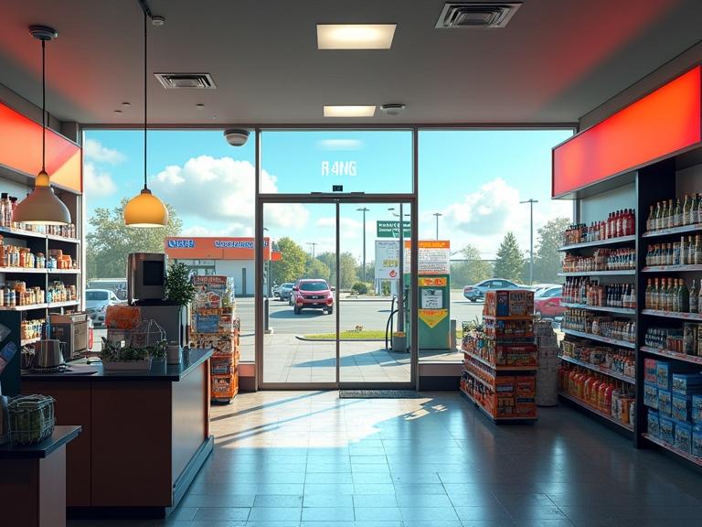 Interior view of a gas station convenience store. Large glass windows provide a view of fuel pumps outside. Shelves filled with snacks drinks and travel essentials. Modern lighting fixtures and a cashier counter visible. Clear signage outside with cars and greenery visible.