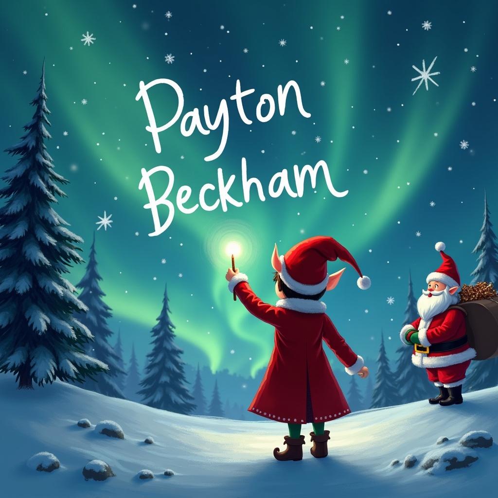 Elf faces magical sky. Wand writes names in air. Northern lights and Santa in background. Names are 'Payton' and 'Beckham'.