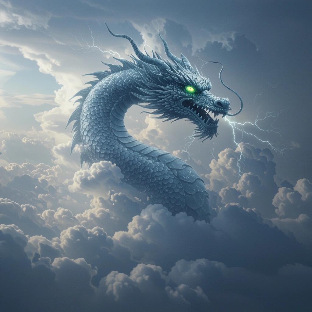 Dragon made of thunderclouds with glowing green eyes