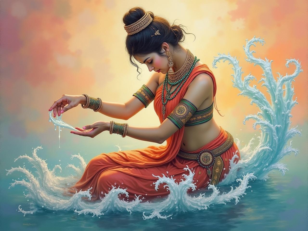 The image features a beautifully colored painting of a figure in a traditional pose. The figure is adorned in intricate jewelry and traditional attire, with elaborate patterns and vibrant colors. Their posture is elegant, and they seem to be interacting with flowing water, indicated by the swirls around them. The background is a mix of soft colors, adding depth to the scene. Overall, the artwork showcases a blend of graceful movement and cultural elements.