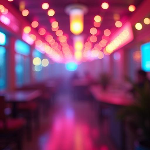 Photo of a vibrant 1980s style scene. Colorful bokeh lights create a dreamy atmosphere. Neon hues shine softly. Glowing pastel tones illuminate the space. Shot with a 50mm lens at f/1.4. Focus on vibrant retro aesthetic. Ultra-detailed depiction with cinematic lighting.