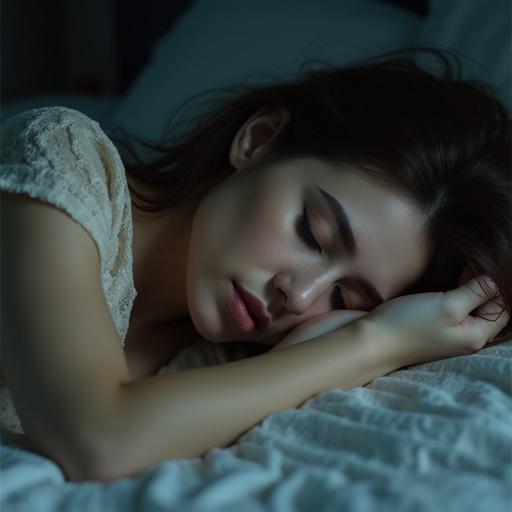 Woman lying on a bed. Relaxed body posture. Soft lighting creates calming ambiance. Peaceful sleep scene.