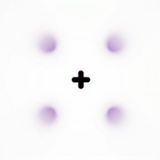 White background with a central black '+' symbol surrounded by six purple dots in a circular layout. Dots are slightly blurred to create a Troxler effect illusion. Minimalist design intended for scientific or presentation use.