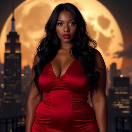 Confident alluring fit plus size woman with long dark hair wearing a red silk dress. Dress hugs curves creating sensual silhouette. Warm lighting highlights natural beauty. Gaze at viewer exudes power and charm. Background city skyline at night with large moon and wolf shadow.