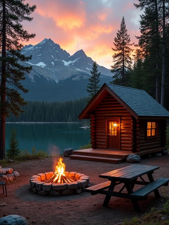 A cozy log cabin by a serene forest lake during sunset. Glowing lights from the cabin. Warm fire in a stone fire pit. Scenic mountains in the background with a dramatic sunset. Rustic picnic table nearby. Tall evergreen trees surrounding the scene.