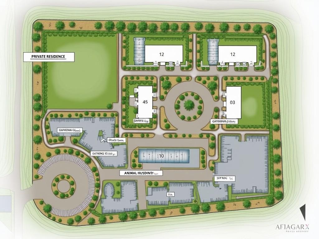 This is a layout plan of a complex or facility. It features various buildings labeled with their intended purposes, such as 'Private Residence', 'Gathering Hall', 'Education and Gallery', 'Animal Husbandry', and 'Admin'. The layout includes multiple lawns and parking areas, emphasizing green spaces alongside the structures. The roads and paths are marked, showing the connectivity between different sections of the complex. Contours or elevation lines indicate changes in the terrain. Overall, the plan appears to be organized and includes a variety of amenities for different functions.