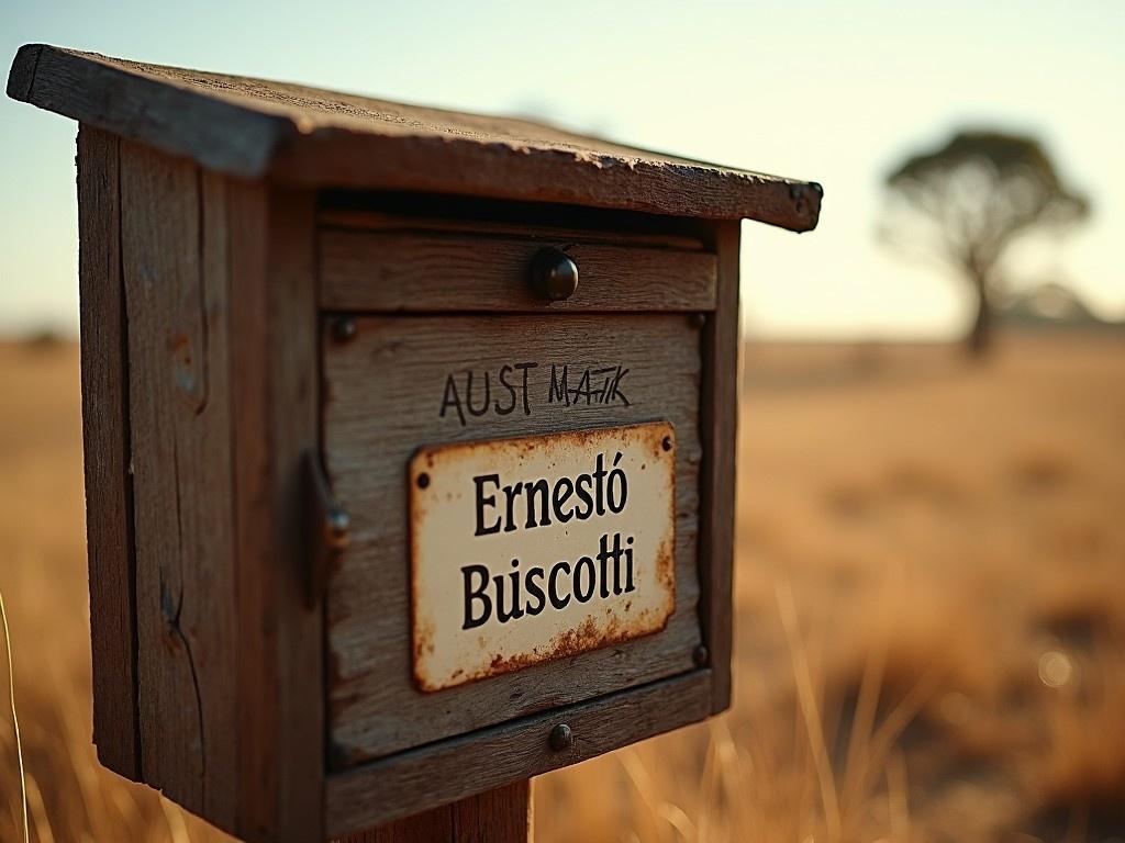 This image showcases an old Australian letterbox labelled 'Ernesto Biscotti'. The mailbox is made of wood and displays signs of weathering, giving it a vintage charm. The surrounding landscape features dry grass and a distant tree, characteristic of the Australian countryside. Soft golden sunlight enhances the rustic feel of the scene. This photograph can evoke nostalgia and a sense of rural life in Australia.