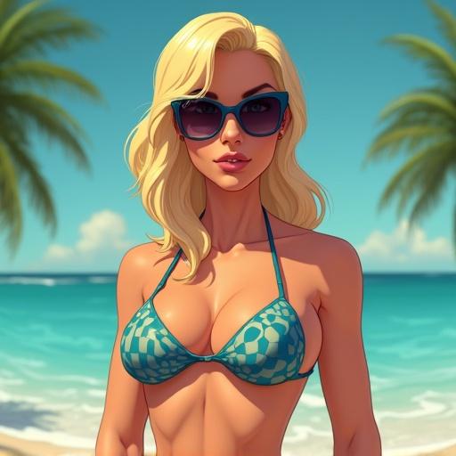 Character from animated series in beach setting. Woman wears bikini and sunglasses. Realistic art style. Bright colors.