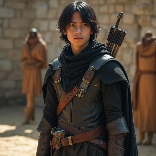 A teenage boy stands in a medieval training ground. He has medium-length black hair with subtle red highlights. The boy wears lightweight scout armor and a hooded cloak. His expression is calm and focused. The setting includes wooden dummies and stone walls. The atmosphere conveys vigilance. There is soft natural lighting with earthy muted colors.
