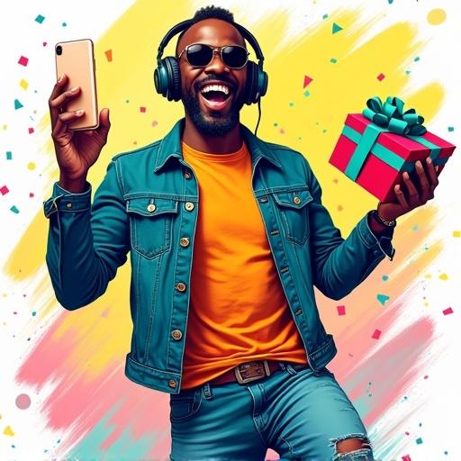 A vibrant and energetic illustration of a joyful middle-aged Black man celebrating. Wearing headphones and sunglasses. Smiling broadly. Holding a smartphone in one hand and a gift box with a ribbon in the other. Dressed in a stylish casual outfit with a teal denim jacket over an orange t-shirt and ripped jeans. Colorful background with abstract neon brush strokes and confetti-like elements in yellow, pink, and turquoise tones. Dynamic and modern style with a bold look.