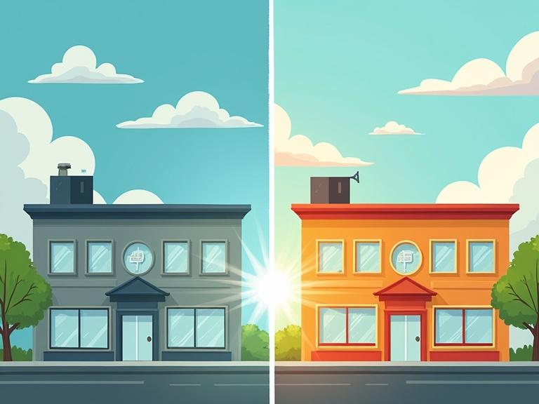 Illustration shows two sides of the same office building. One side is grey and dull representing an old office. The other side is bright orange representing an energy-efficient transformation. Trees and clear sky add to the scene. The image conveys positivity and progress.