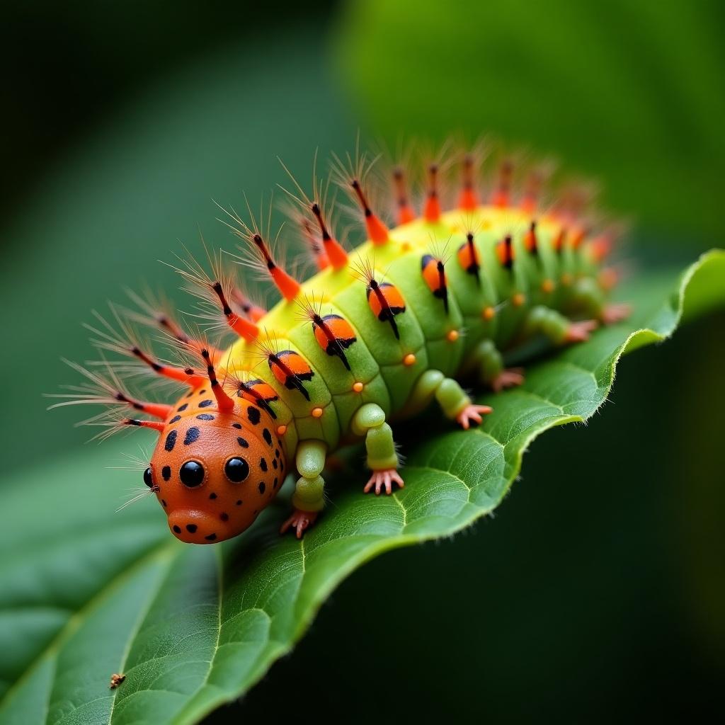 Colorful caterpillar on a leaf. Close-up of an intricate green and orange caterpillar. The focus is on its vivid colors against the green leaf background.