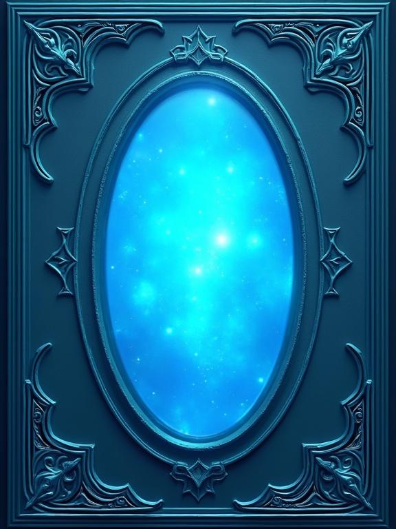 Fantasy card back design for trading card game. Light blue theme. Glowing oval center. No text. Decorative border. Whimsical and adventurous feel.