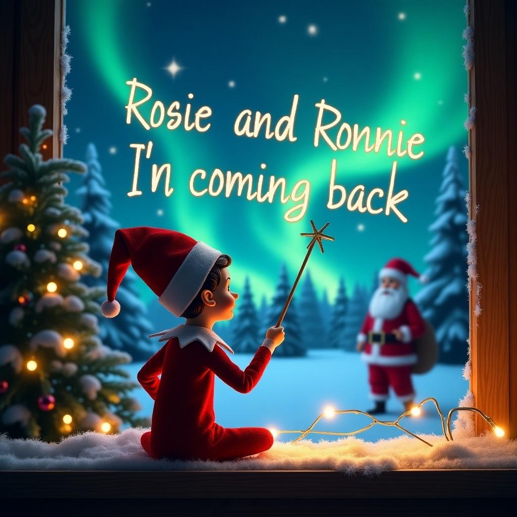 The image depicts a cheerful elf on the shelf looking up at a magical winter sky. The elf, dressed in festive red and white, holds a wand and writes 'Rosie and Ronnie I’m coming back' in bright, glowing letters. Behind the elf, a beautiful scene unfolds with the northern lights casting vibrant colors in the snowy landscape. Santa Claus is seen in the distance, adding to the enchanting holiday atmosphere. Christmas trees decorated with lights surround the scene, completing this whimsical Christmas imagery.