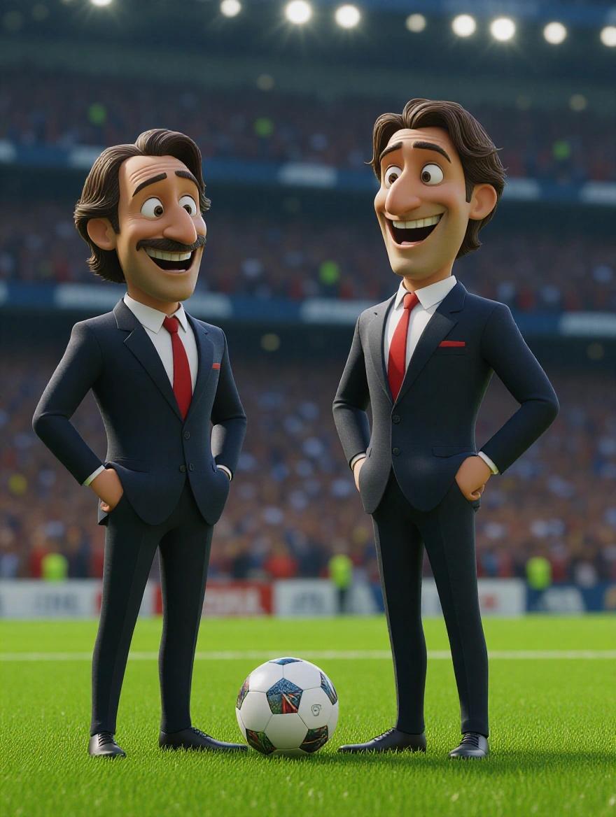 Two animated characters in suits with smiles stand on a football pitch. They represent football managers and share a cheerful moment. The scene mimics a vibrant stadium setting.