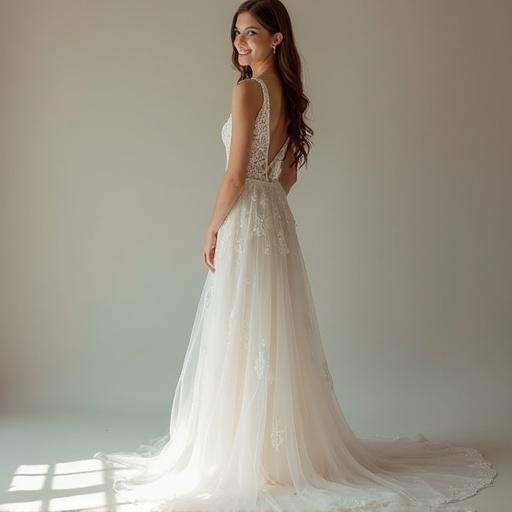 A full-body view of a stunning young woman wearing a slightly transparent, elegant white wedding gown with intricate lace details. The gown flows to the floor and subtly reveals her silhouette. Her posture is confident yet gentle. Soft, romantic lighting enhances the dreamy feel of the scene.