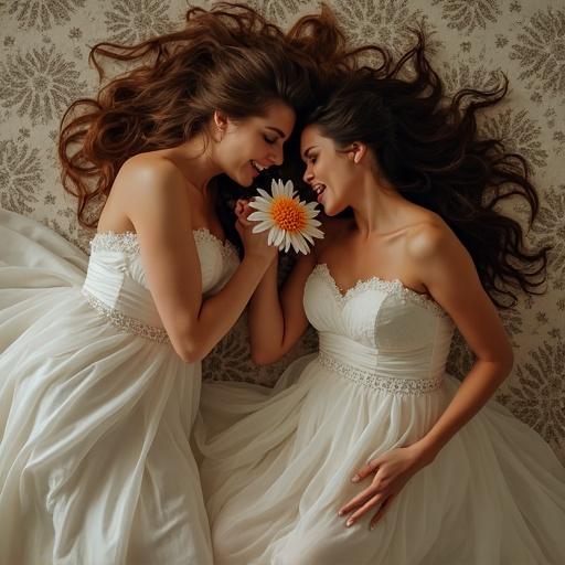 Twin brides lying on the floor holding a flower. They seem playful. The setting is elegant, with a warm atmosphere. They are dressed in white wedding dresses. Hair is long and styled.