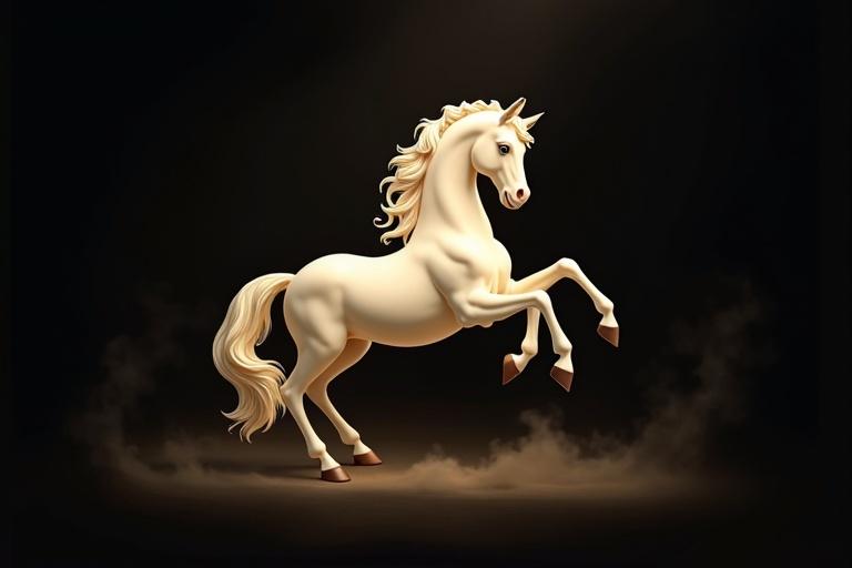 A majestic Walt Disney cream horse rears up. Dark swirling black background.