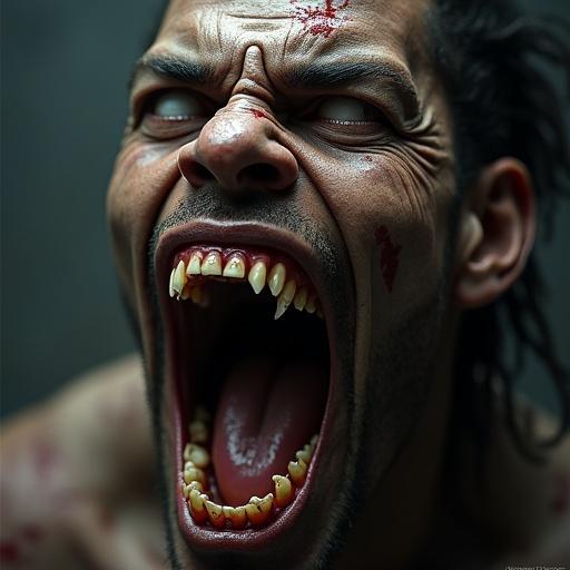 Stock art photo of a person with an open mouth and ripped jaw. Character exhibits zombie-like features. Emphasizes detailed facial expressions and textures. Uses octane rendering for photorealism. Focus on soft natural volumetric light. Incorporates chiaroscuro techniques. Represents an award-winning artistic style.