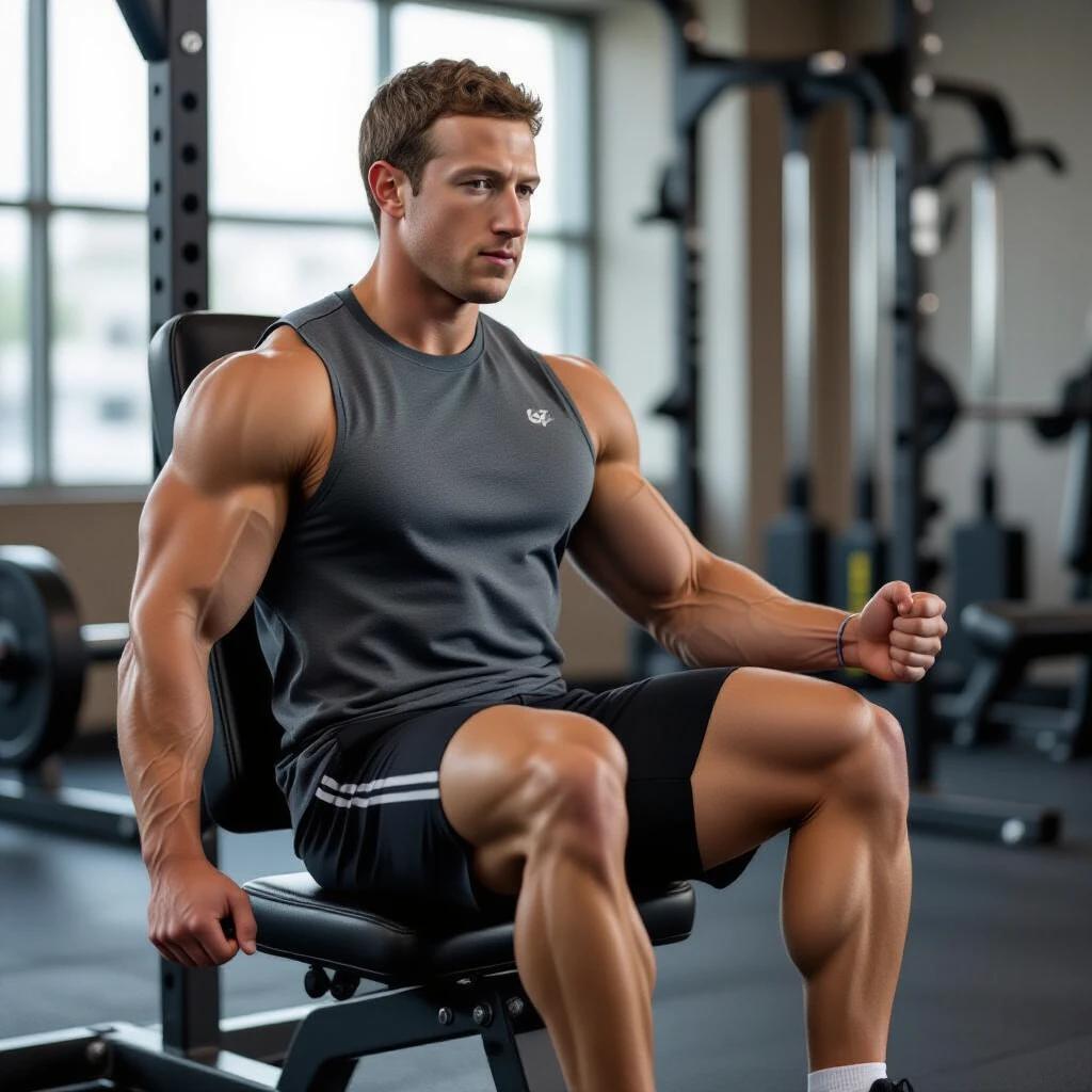 A muscular person seated on a leg extension machine. The person is flexing their quads. They wear a sleeveless gym tank top and shorts. The legs appear very muscular and vascular. Gym lighting highlights muscle definition. Professional gym setting with cinematic lighting. Hyper-realistic style.
