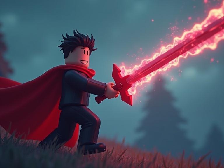 Thumbnail design for Roblox ARPG game. Roblox character attacks in the air. Sword emits an epic glowing trail. Character wears a cape. Background features dark forest. Dramatic colors and lighting create an action-packed scene.