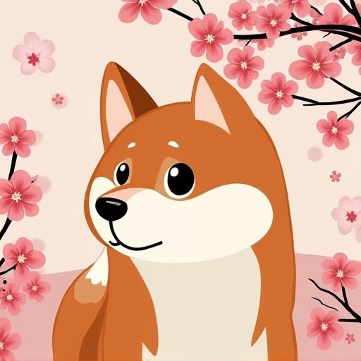 A Shiba Inu with a cute expression surrounded by cherry blossoms in a style inspired by Wu Guanzhong.