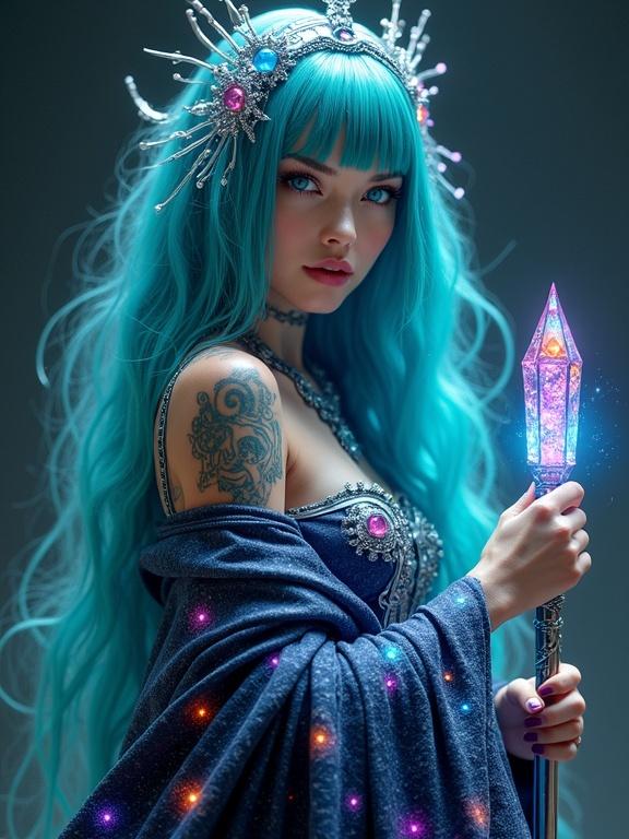 Full body image of a character with teal hair and futuristic attire. Character has glowing neon blue eyes and a complexion resembling a starry night. They wear dynamic robes that change color and hold a glowing scepter. Their crown displays pulsating gems. Holographic constellations projected around them.
