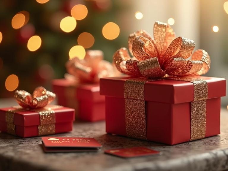 Still life of beautifully wrapped gifts with a luxurious bouquet of tickets set beside a bank card. The atmosphere is bright and warm, emphasizing a celebratory feel. Style showcases photorealism.