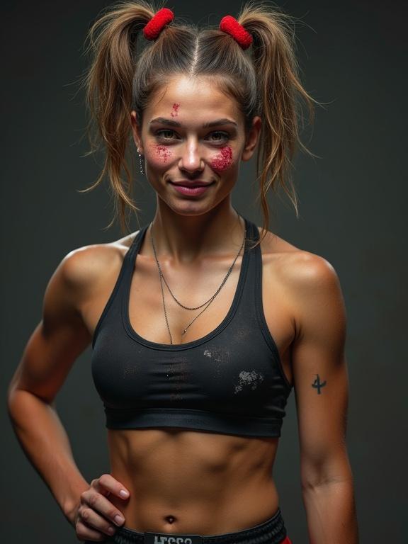 Realistic depiction of a female MMA fighter with an asymmetrical hairstyle. She has dirt smudges and an exhausted look. Heavy bruises are visible on her face while she smiles. Hands positioned on her belt, showcasing athletic physique.