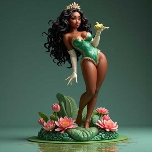 Ultra-detailed resin figure inspired by Disney Princess Tiana. Beautiful dark-skinned woman with curvaceous body and sensual posture. Leaning forward, holding a small frog. Wearing emerald green corset with gold details. Floral tiara and long gloves. Base decorated with magical water and water lilies.