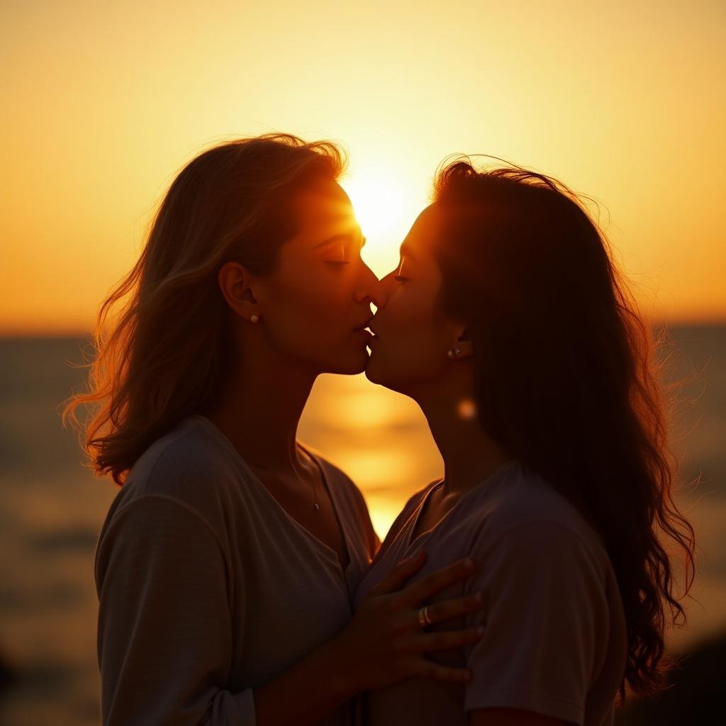 Two women share a gentle kiss in the warm light of the setting sun.