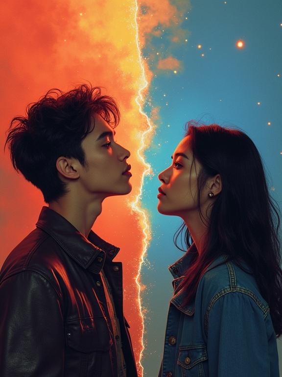 A young man and woman face each other in profile. Their faces are lit dramatically against a backdrop of contrasting colors. An electrifying split runs between them representing societal divide. Themes of disconnection and identity are evoked.