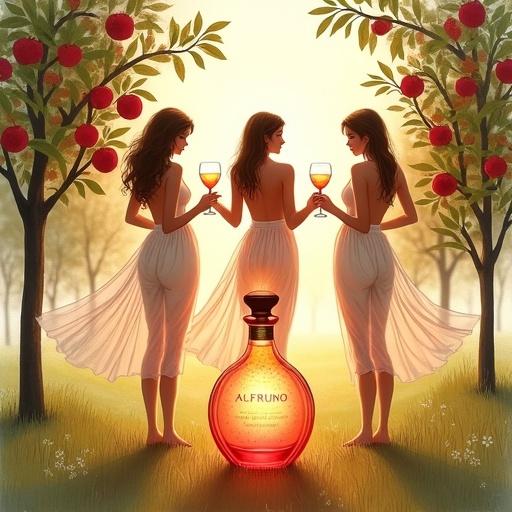 Three ethereal figures in an orchard holding cocktails. They wear flowing skirts. An apothecary-style bottle glows in the foreground. The scene captures beauty and nature. Simple and elegant design with watercolor pastels.