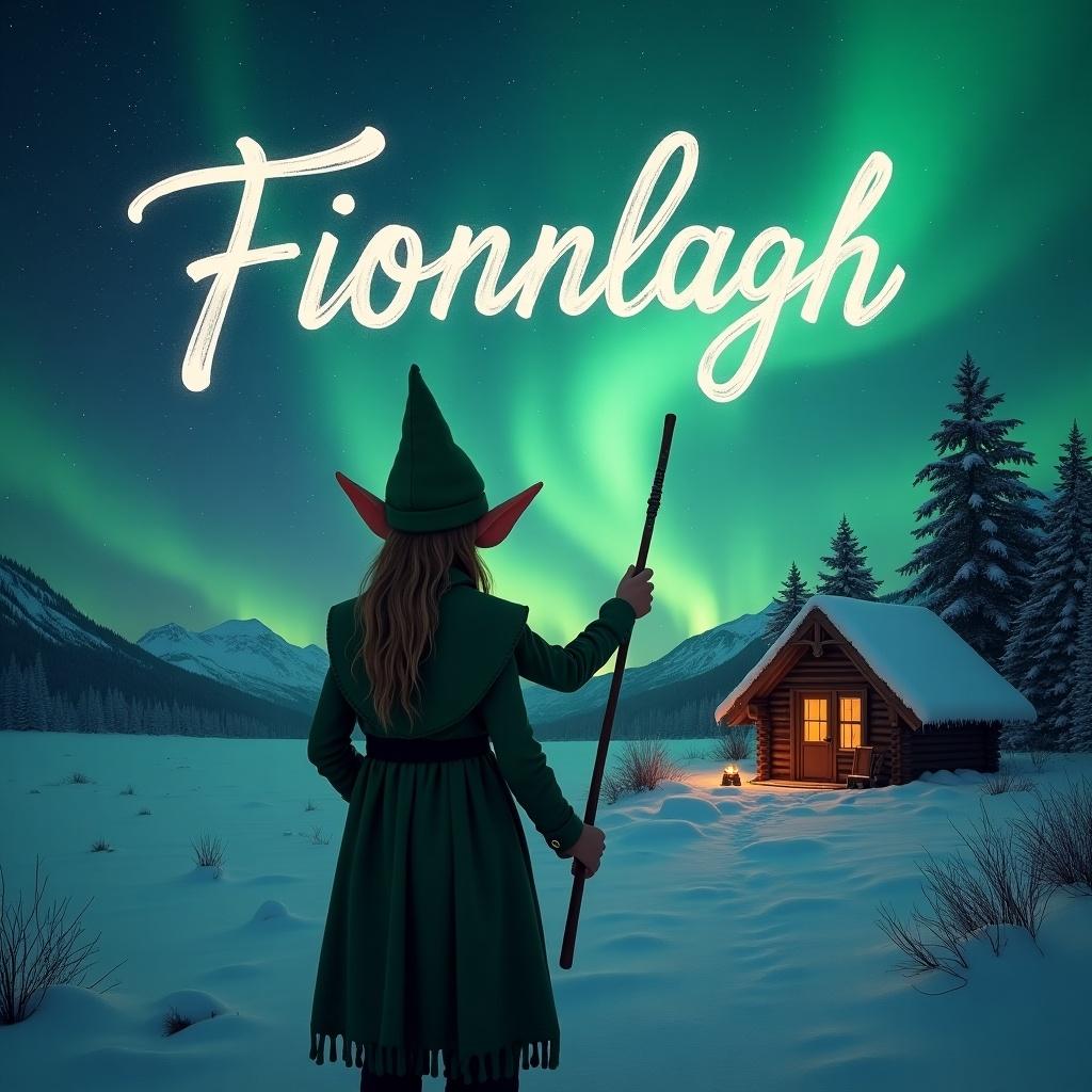 An elf stands with back to the viewer. The elf writes names in the air with a wand. Northern lights illuminate the sky. A cozy cabin is in the background. The name Fionnlagh is inscribed in the sky.