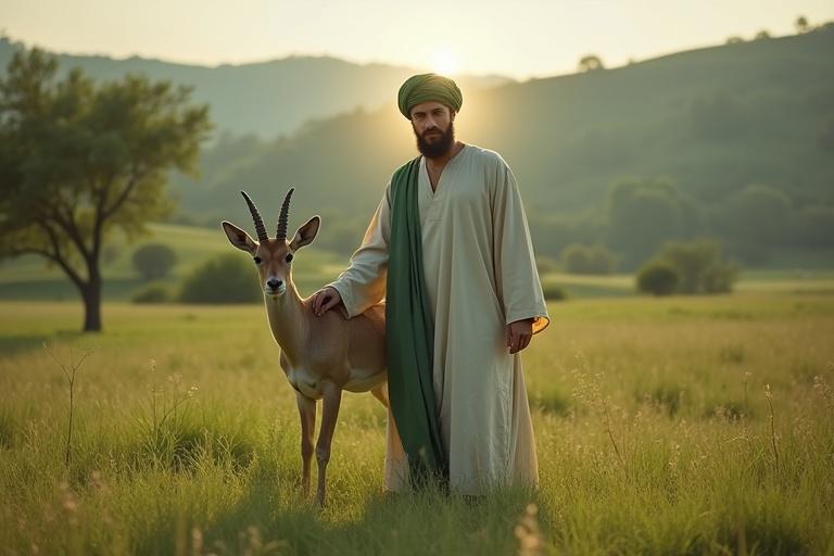 Full-body religious portrait of a holy man in a natural environment. Simple white inner garment and green over-abaya. Standing in a lush green meadow facing the camera, calm expression. Hand resting on a gazelle. Soft natural light. Short well-kept beard. Glowing face with divine light. Serene landscape with grass and trees.