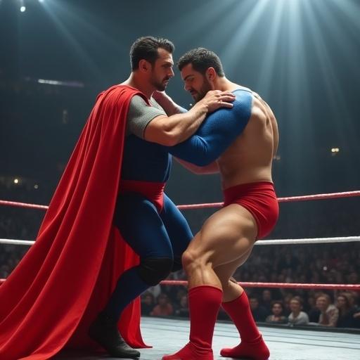 Muscular figures in superhero attire wrestling in a ring. One wears a super suit and red trunks while the other wears red briefs. They grapple under bright lights.