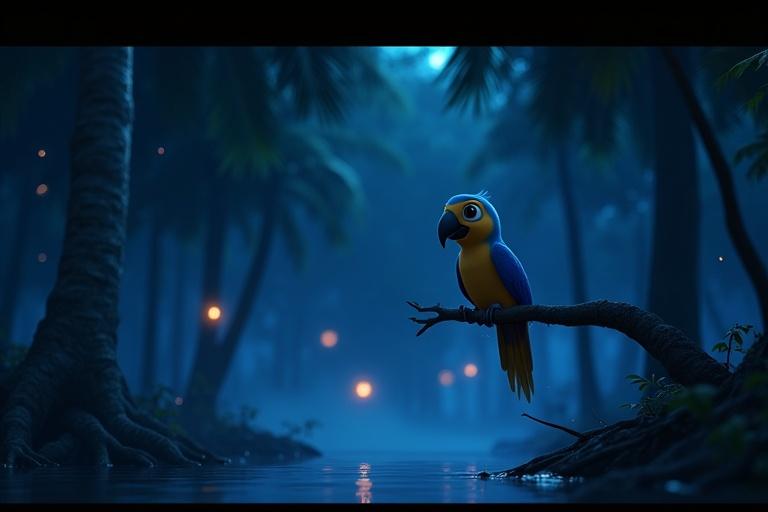 A scene set in the dark night in the Sundarbans with dense mangrove trees and a starry sky. Vibrant nighttime hues illuminating the area. Fireflies flickering in the air and mist swirling around roots. A blue parrot with expressive eyes and a cheerful smile perched on a branch. The scene has a 16:9 aspect ratio with a suspenseful ambiance.