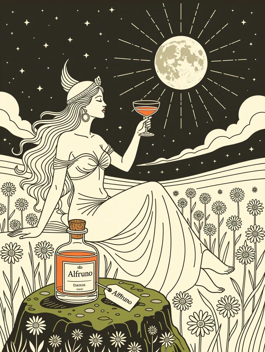 Minimalist line art of goddess in wildflowers. She offers toast to the moon. Liqueur glass in her hand. Alfruno bottle on mossy stone. Thick creamy outlines. Indigo background. Elegant and mysterious style.