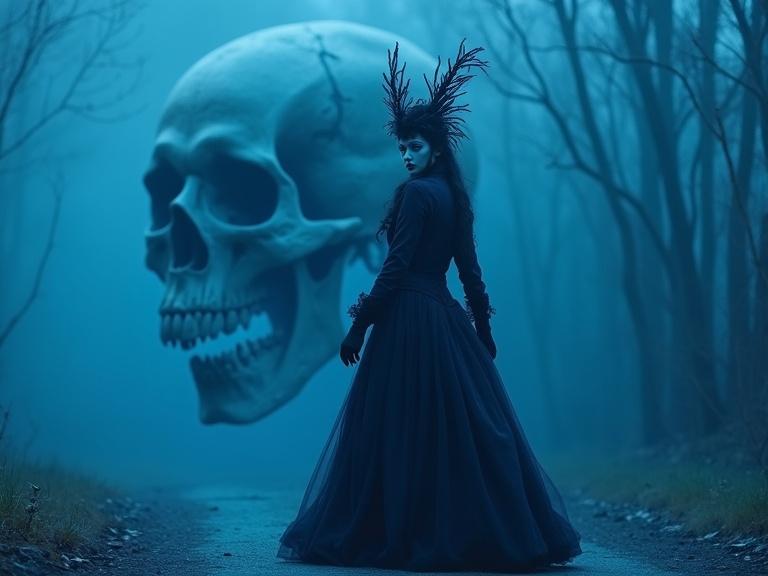 A mysterious lady in a masquerade costume confidently strides toward the camera. The background features a large, decaying skull in a blue-toned scene. The mood is eerie and atmospheric. The image showcases a full body shot of the lady.