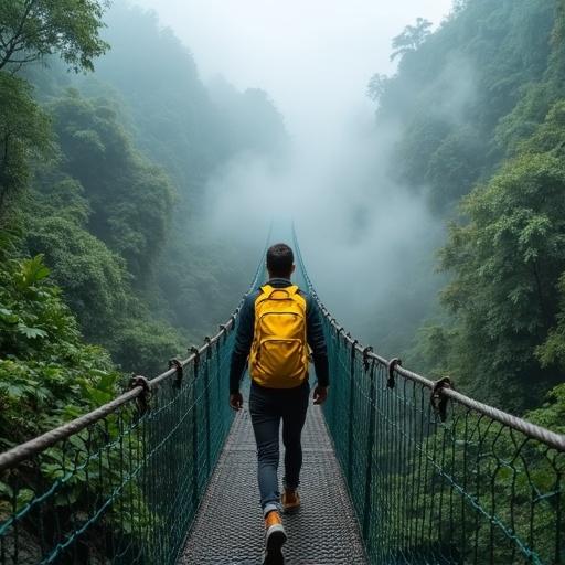 A traveler with a yellow backpack walks on a suspension bridge in a foggy rainforest. The bridge is surrounded by dense greenery and mist. The scene evokes a sense of adventure and tranquility.