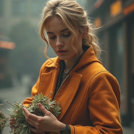 Portrait of a woman in an urban setting. She has long blonde hair and is wearing an orange coat. She is holding plants and appears contemplative. The atmosphere is warm and inviting.