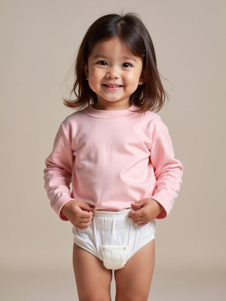 A 1.5 year old girl wearing a diaper and a long sleeve pink t-shirt. The child stands with her hands on her hips. The background is neutral.