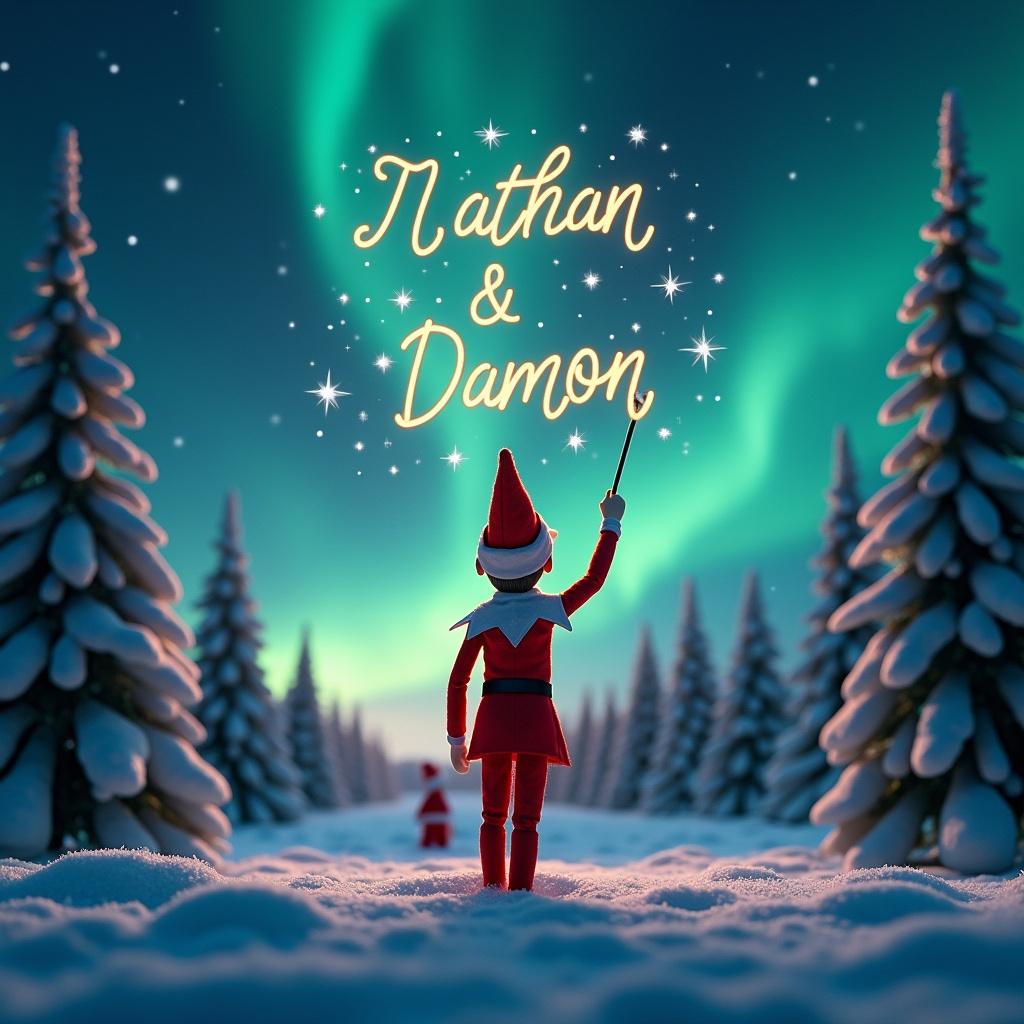 Elf on the shelf with back to viewer. Magical winter night sky with northern lights. Snow covered trees surrounding the elf. Wand writing names Nathan and Damon in the sky. Christmas theme emphasized with a silhouette of Santa.