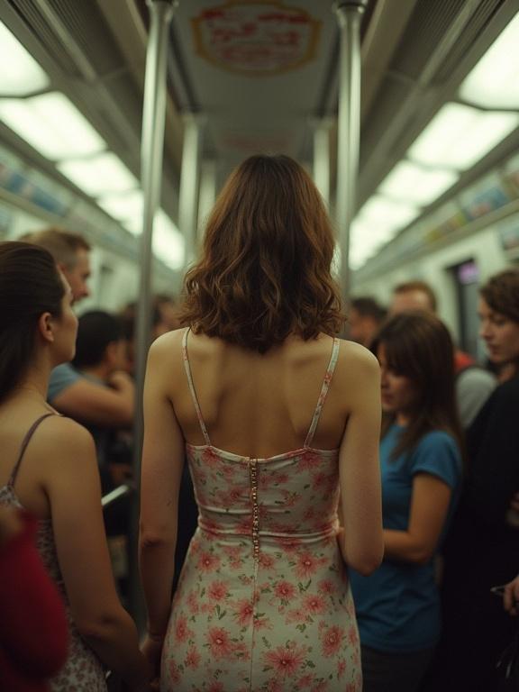 Woman stands in a packed train wearing a tight, floral dress. Bodies are squeezed together in a crowded environment. Image appears low resolution with slight pixelation and compression artifacts. Bright, unnatural colors suggest early Instagram filters.