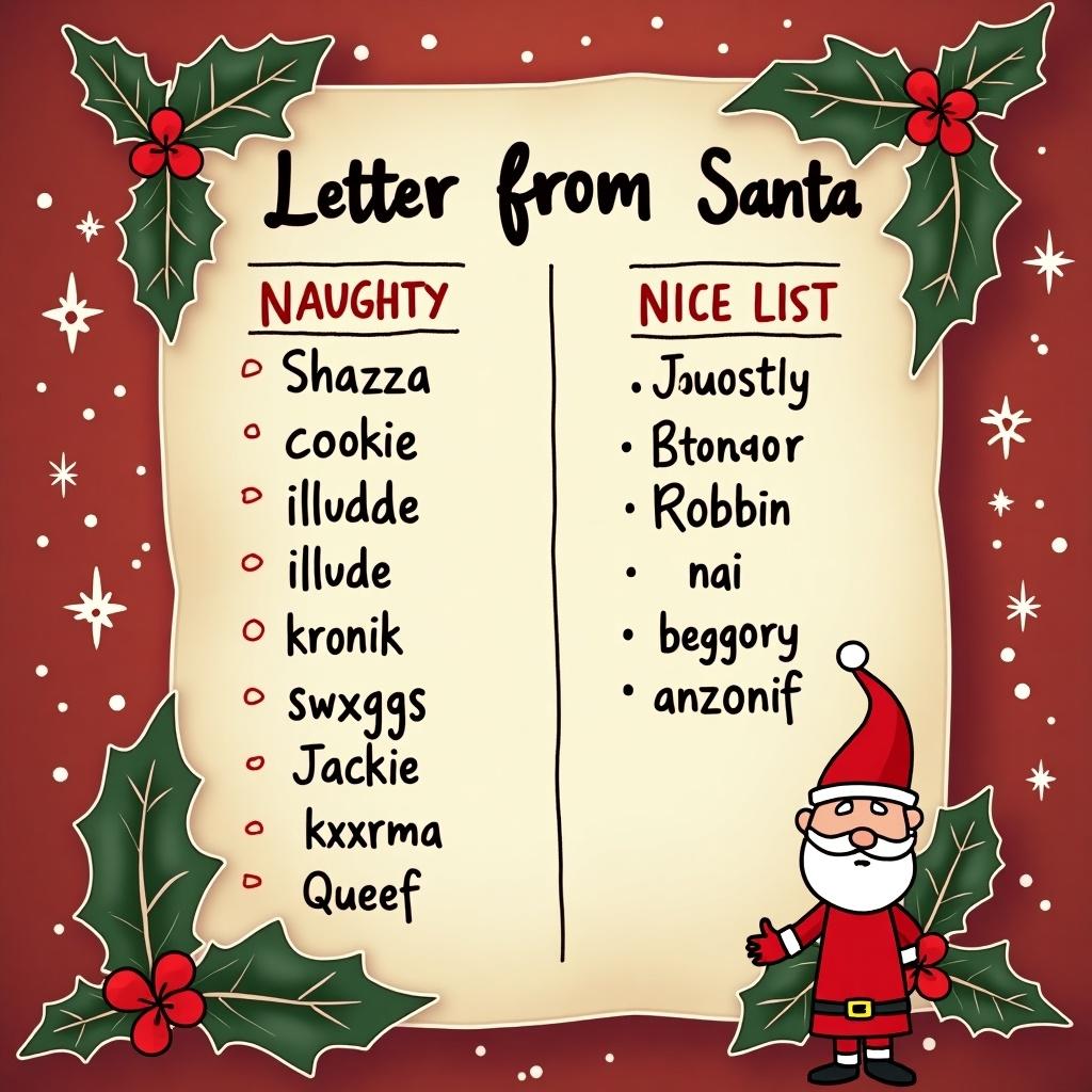 Letter from Santa with Naughty and Nice lists. Lists have fun names. Decorated background with Christmas elements.