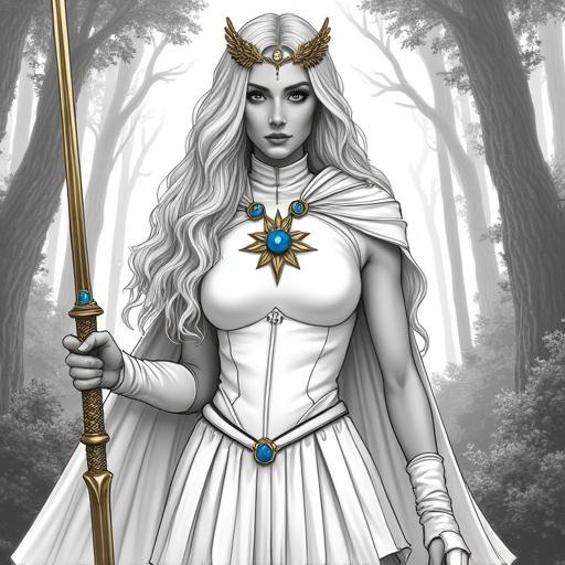 Full body hand drawn portrait of a stunning warrior woman in a dense forest. She has pale skin, long blonde hair, and wears a white sleeveless leather bodysuit. The outfit includes a short pleated skirt and a flowing cape. She holds a sword with a blue jewel and wears a tiara with gold and flower motifs.