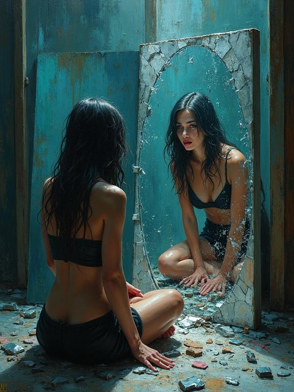 Surrealist painting of a melancholic woman sitting in a dimly lit room. Surrounded by fragmented mirrors and staring at a distorted portrait of herself. Bold brushstrokes and vivid colors pulse with desperation.